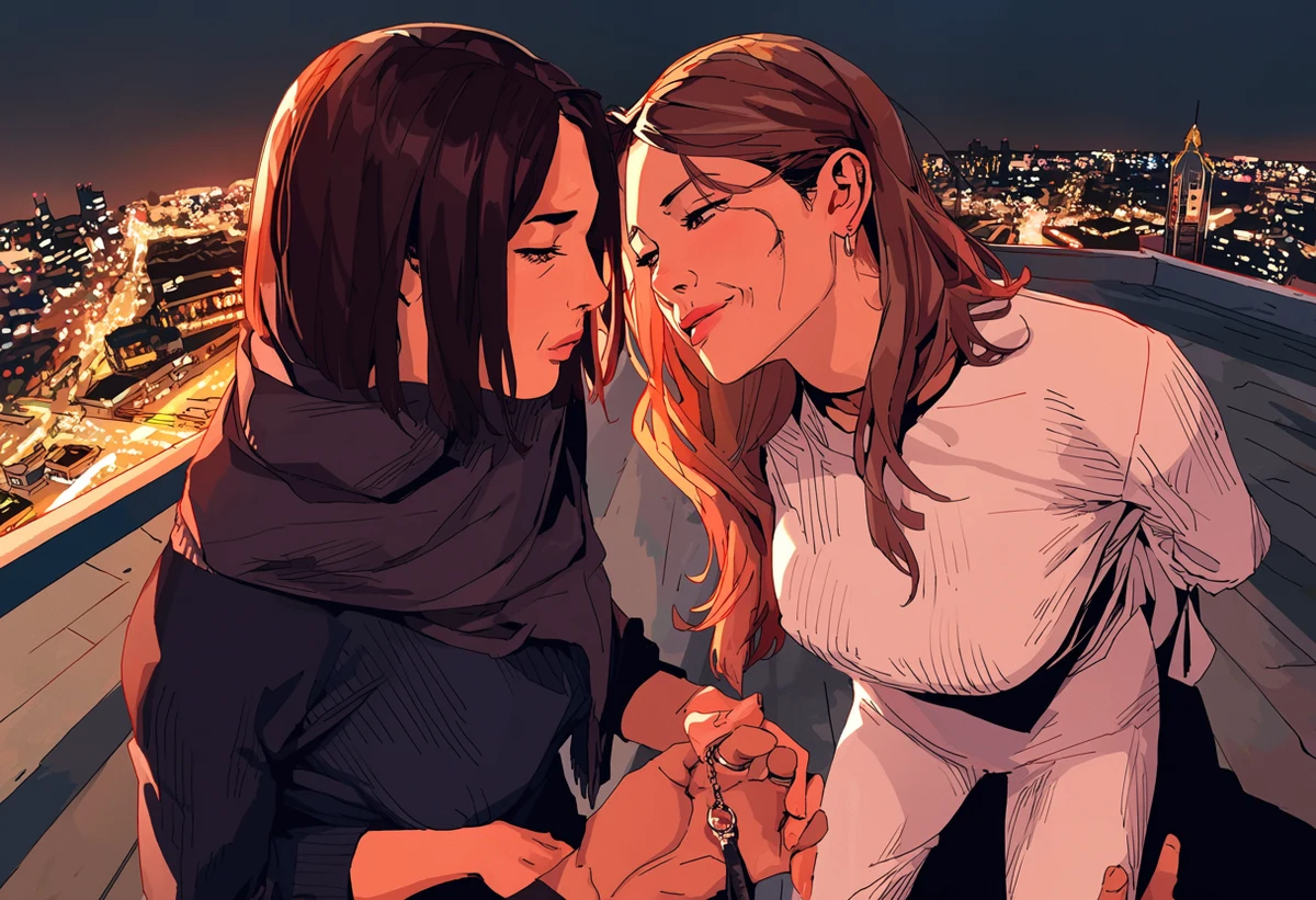 an adult couple age 35 and 37 on a rooftop after a proposal, a ring on her hand at his collar, city lights, warm night air, erotic romance manhwa art style