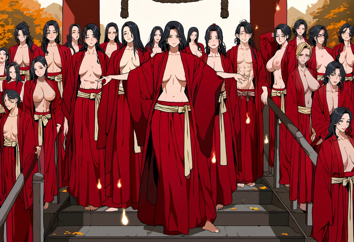an adult nine-tailed fox immortal woman age 30 in an open crimson robe on an autumn mountain shrine step, floating spirit lights, adult manhua art style
