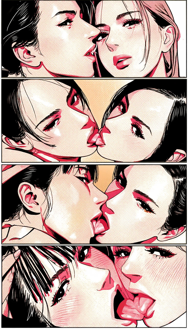 two adult partners age 30 and 35 in four comic panels of explicit intimacy, heavy brush ink and screentone, no colour, adult hentai comic page