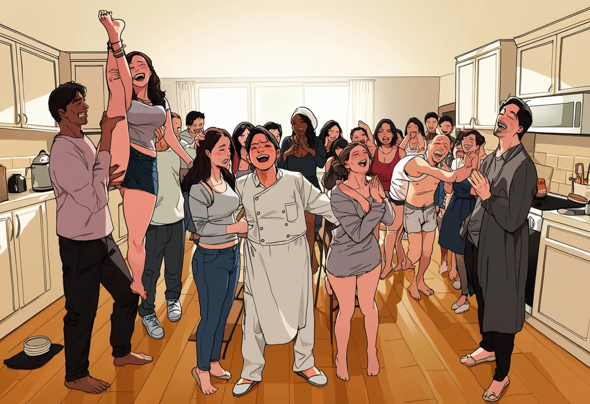 an interracial adult couple age 35 and 34, a black adult woman and a white adult man, in a bright kitchen with one lifted onto the counter, laughter, explicit adult manhwa art style