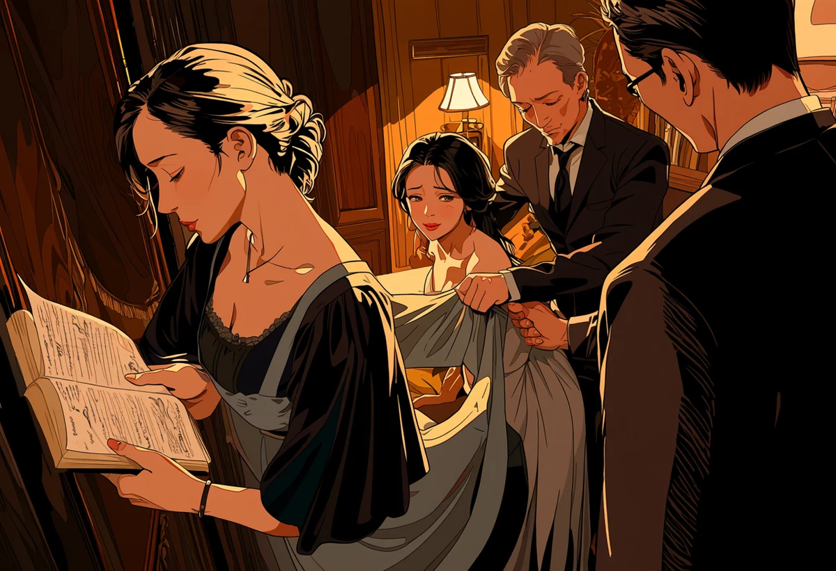an adult woman age 35 reading a letter aloud as her adult partner unlaces her dress from behind, warm study lamp, dark wood, erotic romance manhwa art style