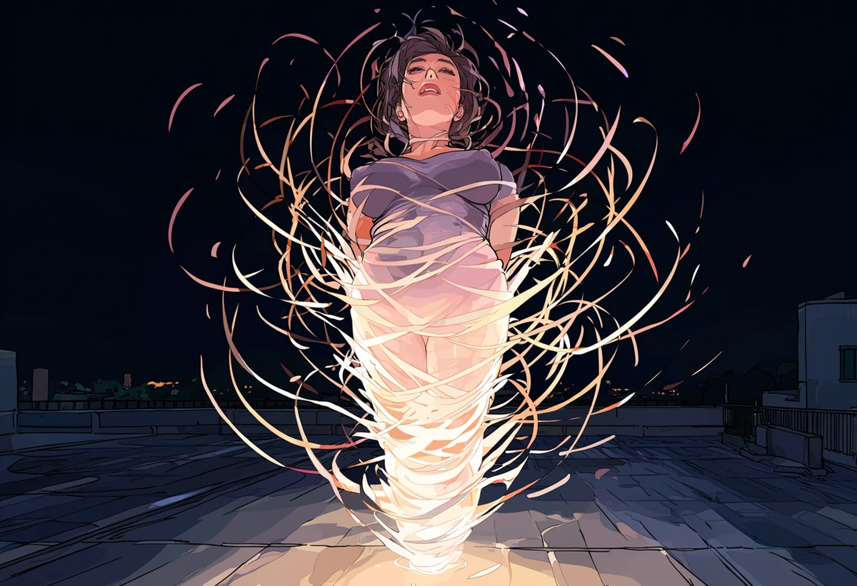 an adult woman age 32 mid-transformation in a swirl of ribbons and light, her costume dissolving, night rooftop, dramatic energy, adult anime art style
