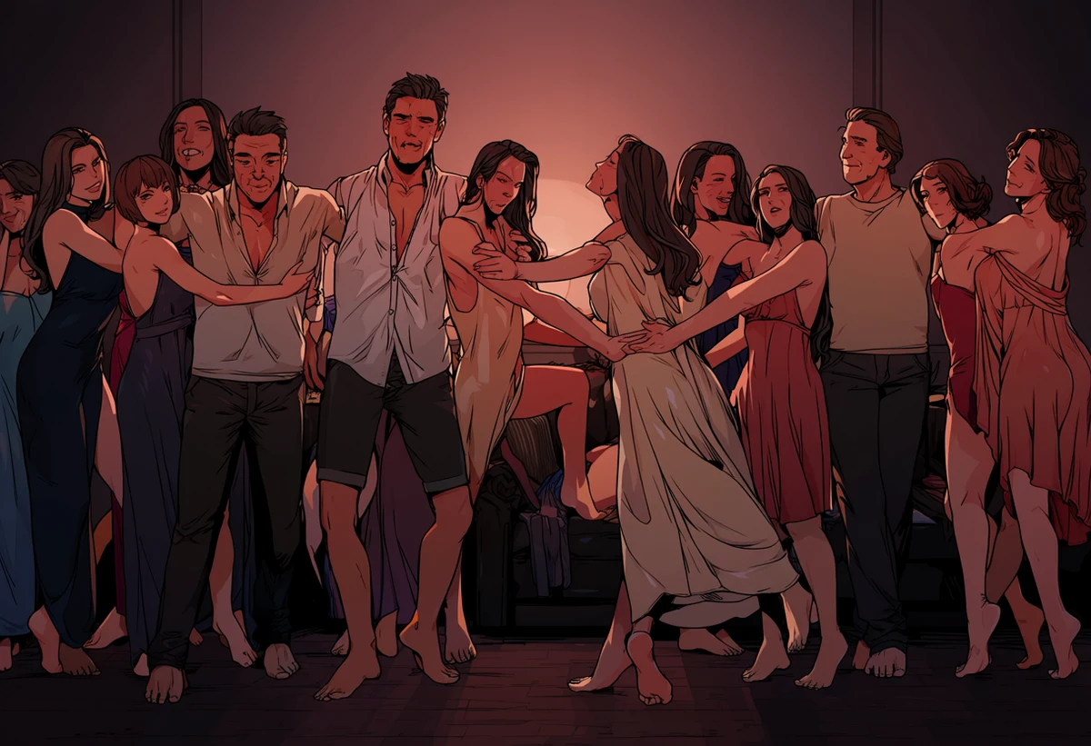an adult couple age 31 and 38 dancing barefoot in a dim living room, her dress slipping, his hand at the small of her back, erotic romance manhwa art style
