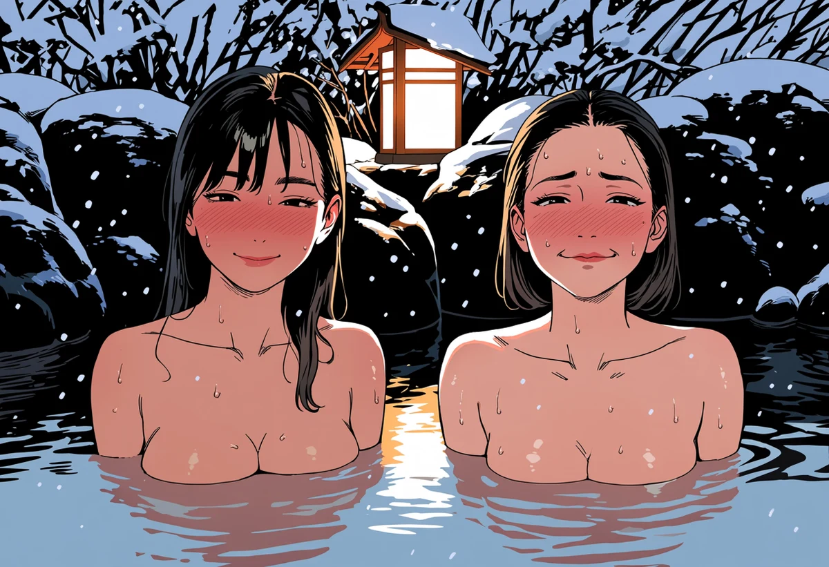 two adult women age 34 and 38 shoulder-deep in an outdoor hot spring as snow falls, flushed skin, lantern light on black rock, explicit lesbian adult manhwa art style