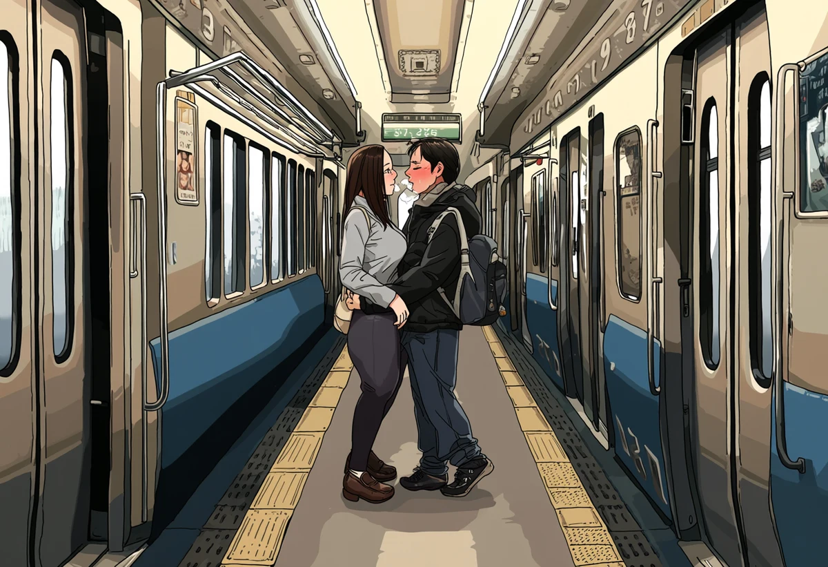 an adult couple age 37 and 34 holding each other on a train platform as the last train arrives, breath in cold air, one bag between them, adult romance manhwa art style