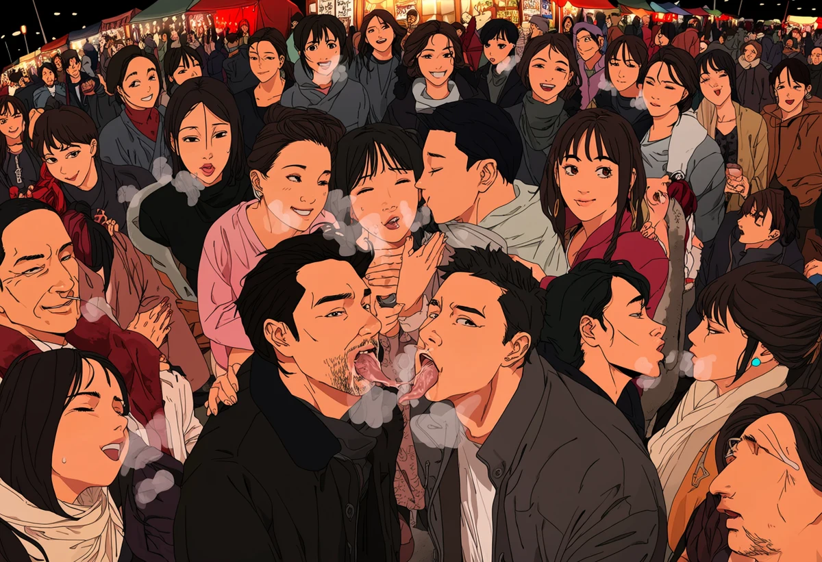 an adult couple age 34 and 32 sharing hot food at a winter street stall, breath steaming, hands touching, red tent light, korean manhwa art style